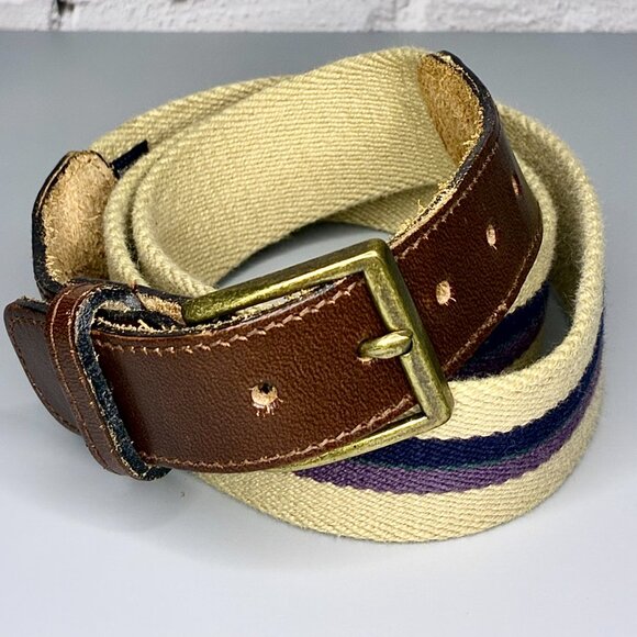 VINTAGE GANT MADE IN USA CANVAS LEATHER STRIPED SURCINGLE BELT - Picture 1 of 2